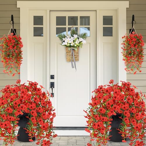Sggvecsy Artificial Fake Hanging Flowers Plants for Outdoor Outside Spring Summer Decoration 2PCS Faux Silk UV Resistant Realistic Mums Daisy with Eucalyptus for Home Porch Patio Balcony(Red) - Image 2