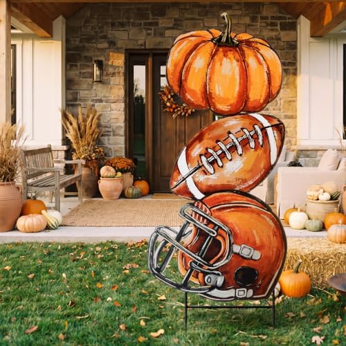 Weysat Fall Football Outdoor Decor Metal Pumpkin Football Yard Sign Porch - Image 2