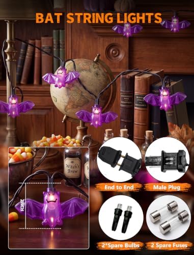 8.5Ft Outdoor Halloween String Lights with 10 Purple Bat Lights Plug in - Image 5