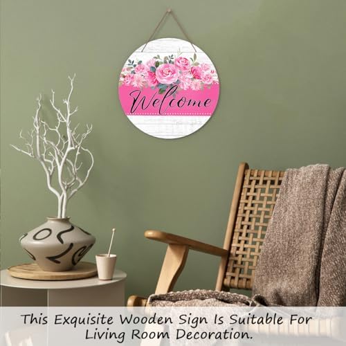 Welcome Door Sign, Flower Decor Wooden Sign Round Decorative Wall Plaque, Blush Pink Floral Welcome Sign for Front Door, Farmhouse Porch Yard Hanging Sign Outdoor Decorations -01 - Image 3