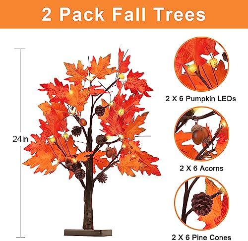 YEAHOME Fall Decorations for Home, 2 Pack 24”/2FT Lighted Fall Maple Leaves Tree with Warm White LEDs Autumn Decor, Pine Cone, Acorn Ornaments Battery Powered Timer for Thanksgiving - Image 3