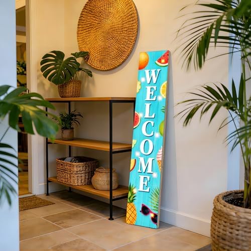 Lighted Summer Welcome Porch Sign 47x7.8 Inch Tall Vertical Wooden Decorative Sign Hanging Standing Front Door Sign with Fruit Pattern for Indoor Outdoor Hello Summer Decor - Image 7