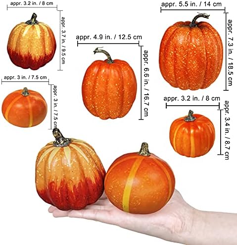 Winlyn 7 Pcs Assorted Artificial Orange Pumpkins Harvest Decorative Foam Pumpkins for Farmhouse Rustic Fall Thanksgiving Halloween Tabletop Centerpiece Mantel Shelf Kitchen Decoration - Image 2