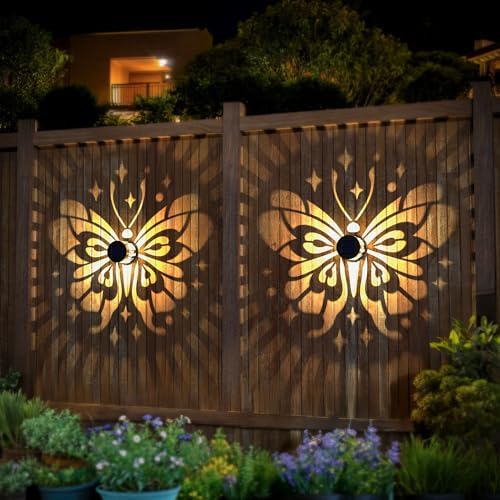 Hapjoy Solar Fence Lights 4 Pack Solar Deck Lamps Outdoor Decorations Powered Step Lights Wall Waterproof LED Warm Decorative Lighting for Garden (Butterfly-Star, 4) - Image 2