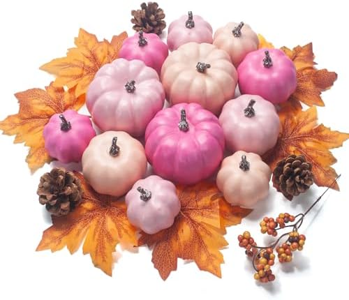 Pumpkin Decor Set, 22 PCS Fall Harvest Decorations - Pink Artificial Pumpkins for Baby Shower Bridal Shower Wedding Farmhouse Tiered Tray Bowl Filler Wreath Thanksgiving Halloween by GHGMAO