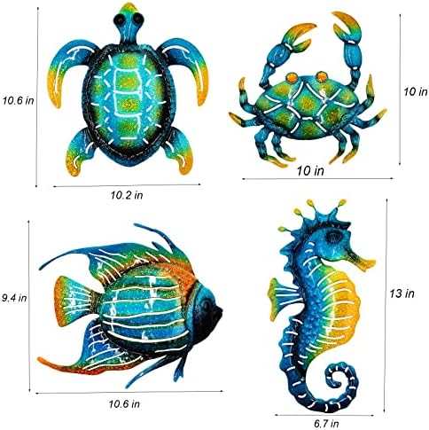 Meduofon Set of 4 Metal Outdoor Wall Art Decor, Blue Turtle Fish Crab and Seahorse Suitable for Beach Ocean Pool Decor, Metal Yard Fence Garden Children Room Bathroom Livingroom Wall Decoration - Image 2