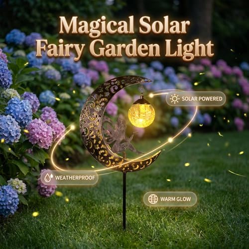 Hummingbird Moon Solar Garden Stake Light,Solar Garden Lights Outdoor Decor,Crackle Glass Fairy Lights,Solar Lights for Garden,Metal Stake Ornament for Patio Lawn Pathway Decor (Moon) - Image 2