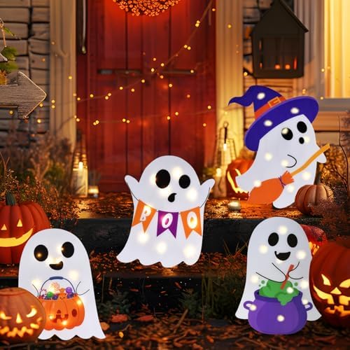 Lighted Cute Ghost Yard Signs, 4 Packs Halloween Decorations Outdoor Scary Witch Pumpkin Boo Signs with Lights for Lawn Garden Yard Stakes Outside Halloween Decoration Decor Clearance - Image 2