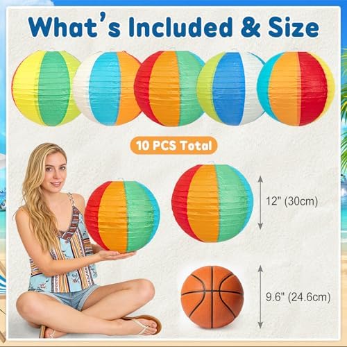 Beach Ball Paper Lanterns, 10-Pc 12 Inch Large Summer Hanging Decorations - Image 5