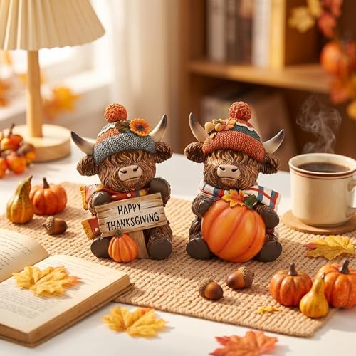 Valery Madelyn Fall Decorations for Home, 2 Pcs Thanksgiving Highland Cow Pumpkin Decor for Table Indoor Outdoor, Resin Fall Decor Sunflower Garden Figurines for Autumn Harvest Porch Tiered Tray, 5" - Image 2