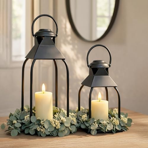 Decorative Metal Lanterns Indoor Outdoor, Candle Holder for Porch, Patio, Fireplace, Floor, Wedding, Christmas, Fall, Holiday, Farmhouse Table Centerpiece (Black, Set of 2 15.7" 12") by ZLFart