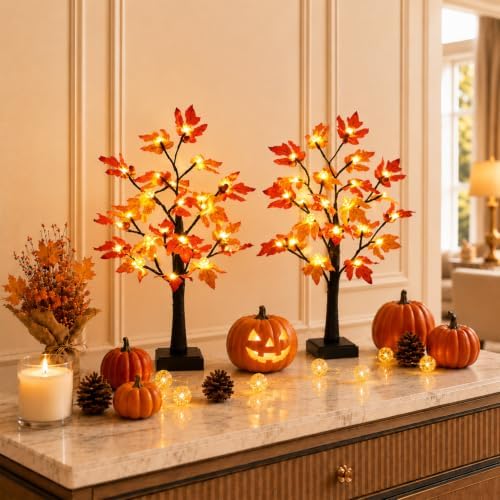 Fall Decor 2 Pack 24 Inch Maple Tree Lights - 48 LED Autumn Decorations with Pumpkins & Acorns, Timer, USB & Battery Powered - Thanksgiving Decorations for Home Table Indoor Fireplace - Image 5