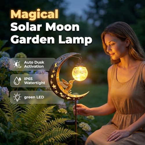 Hummingbird Moon Solar Garden Stake Light,Solar Garden Lights Outdoor Decor,Crackle Glass Fairy Lights,Solar Lights for Garden,Metal Stake Ornament for Patio Lawn Pathway Decor (Hummingbird) - Image 2
