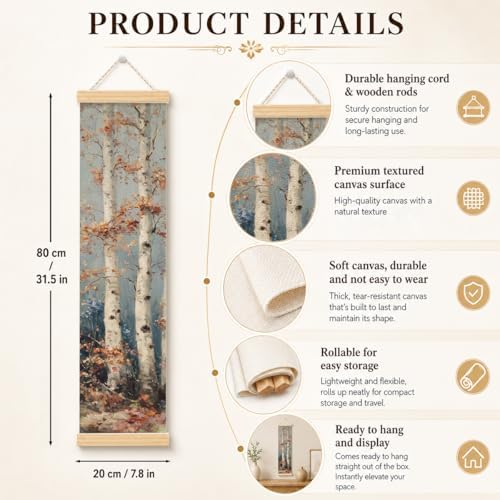 Birch Tree Porch Decor Banner, 31.5 x 7.8 Inch Canvas Hanging Banner with Wooden Rods, Autumn Forest Landscape Wall Accent for Cabin Entryway, Patio, Indoor Outdoor Display - Image 2