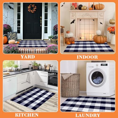 Buffalo Plaid Rug 28 x 43 Inches Fall Outdoor Front Door Decor Mat, Cotton Washable Hand-Woven Rug for Layered Doormat, Autumn Halloween Thanksgiving Carpet for Porch (Navy Blue and White Plaid) - Image 7