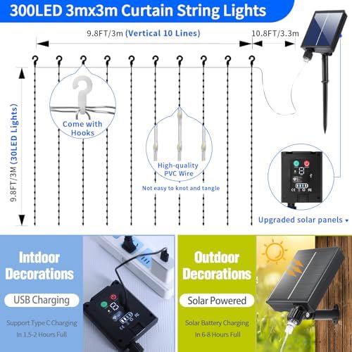 Solar Curtain Lights 10*10Ft 300LED Waterproof Waterfall Light with 8 Modes Remote Type C Charging Dimmable Timer Twinkle Fairy String Lights for Outdoor Christmas Gazebo Wedding Party Pergola Patio - Image 4