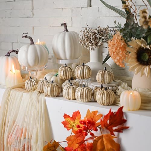 Geelin 12 Pcs White Rustic Fall Pumpkin Decor Resin Pumpkins for Thanksgiving Decorations Farmhouse Decorative Pumpkins 2.36" for Fall Home Decor Autumn Tabletop Centerpiece Harvest Wedding(Resin) - Image 2