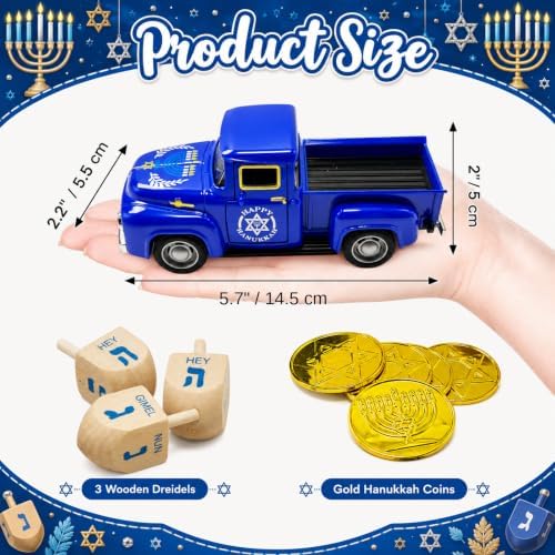 Hanukkah Truck Decor with 3 Wooden Dreidels and Gold Gelt Coins, 5.7-Inch - Image 3