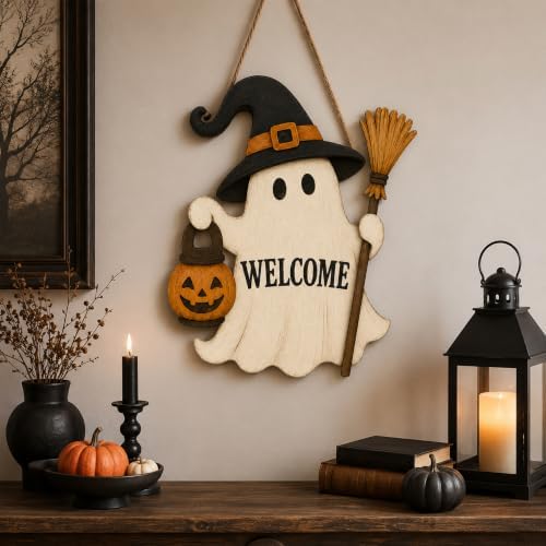 Halloween Ghost Welcome Sign, Cute Halloween Front Door Hanger, Spooky Wooden Welcome Sign for Indoor Outdoor Yard, Сute Ghost Home Decorations Signs - Image 4