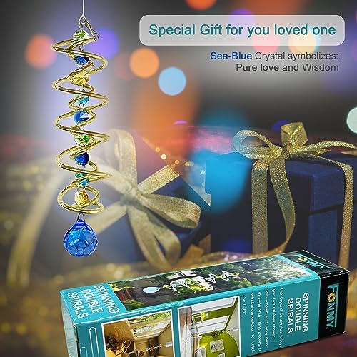 FONMY Gazing Ball Spiral Tail Decorative Wind Spinner Sun Catcher Rainbow Maker Golden Double-Spiral W/Sea Blue Crystal Ball and Chain Crystals for Indoor Outdoor Garden Decoration -14 inch H - Image 2