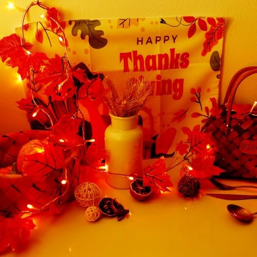 VCOKEN Thanksgiving Decorations Fall Garland with Lights, 24LED Battery Operated Thanksgiving Lights with Timer, Fall Decor for Home, Table, Mantle, Office, Outdoor, Autumn, Halloween, Yellow - Image 4