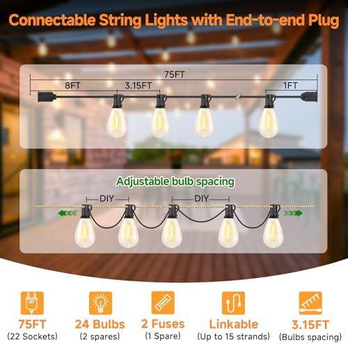 Larkvue 75FT LED Outdoor String Lights, Patio Light, 22+2 S11 Bulbs, Black - Image 4
