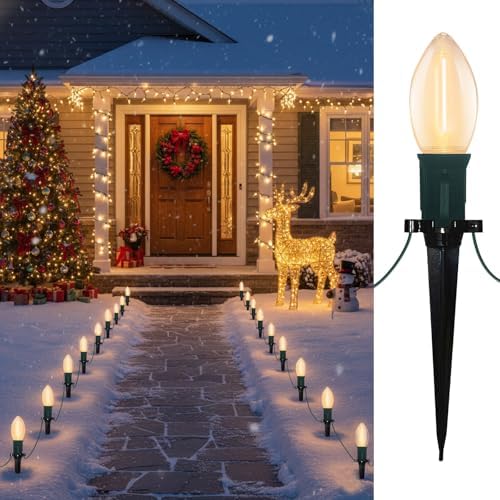 C9 LED Christmas Pathway Lights, 38FT Outdoor Warm White Pathway Markers Lights with 25 Stakes, Connectable Waterproof Outside Christmas Decorations for Xmas Party Decor Patio Yard Lawn, Garden by Doratale