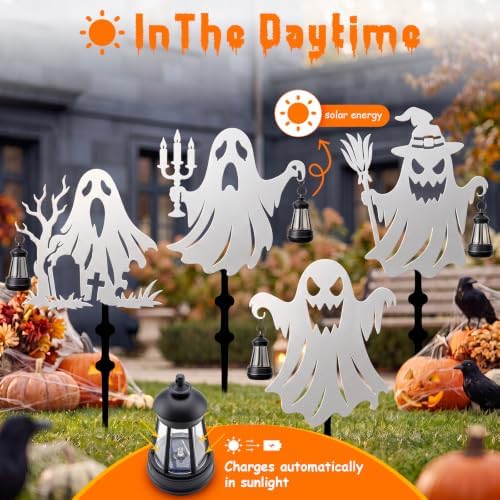 KODIBO Halloween Decor 4-Pack Metal Ghost Garden Stakes with Solar Lanterns - Image 3
