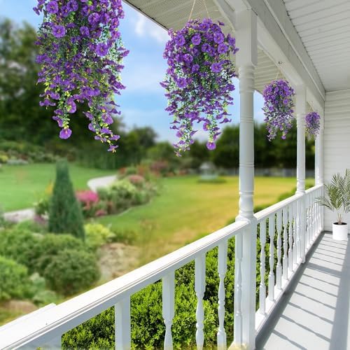 Sggvecsy Artificial Fake Hanging Flowers Plants for Outdoor Outside Spring Summer Decoration 2PCS Faux Silk UV Resistant Realistic Morning Glory with Eucalyptus for Home Porch Patio Balcony(Purple) - Image 5