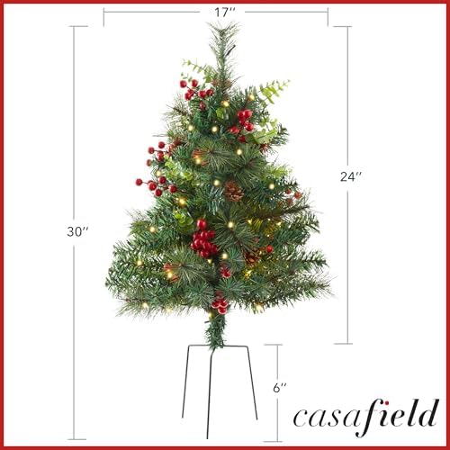 Casafield Set of 2-24" Outdoor Pathway Christmas Trees, Realistic Walkway Pre-Lit Holiday Decor with Red Berries, Pinecones, Mixed Greenery, and White LED Lights - Image 7