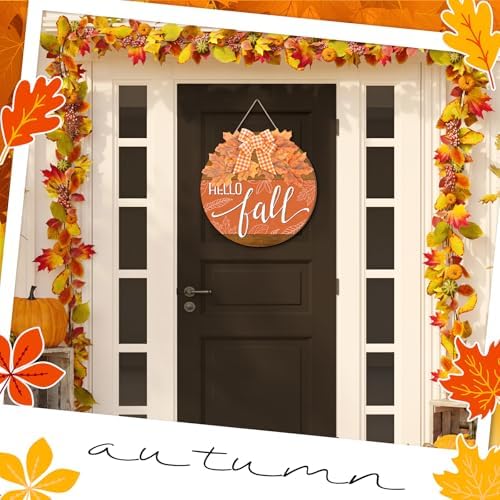 Moucuny Hello Fall Door Sign, 11.8 in Wooden Welcome Wreath with Bow - Image 3