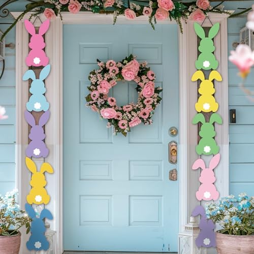 Yaomiao 10 Pcs Easter Porch Banner Pastel Bunny Rabbit Party Front Door Sign Wall Hanging Spring Decorations and Supplies for Home Office Farmhouse Holiday Decor - Image 3