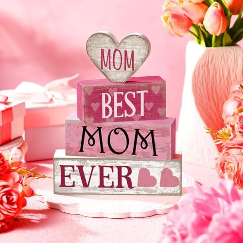 Yuntau 4 Pcs Mothers Day Table Decorations Best Mom Ever Wooden Blocks Sign - Image 2