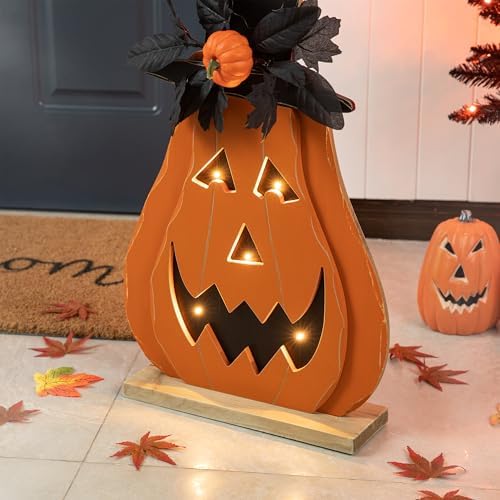 Glitzhome 29.5"H Lighted Wooden Jack-O-Lantern Porch Decor, Farmhouse Halloween Pumpkin Yard Sign With Floral Timer, Rustic Style Sign With Wood Base for Home Party Decor - Image 7