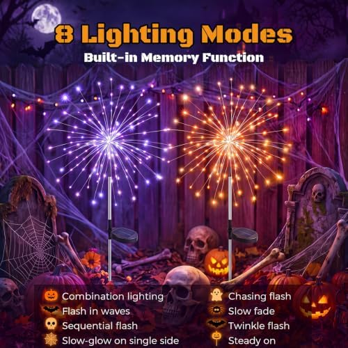 btfarm 2 Pack Solar Halloween Lights Outdoor, Orange+Purple Firework Light - Image 2