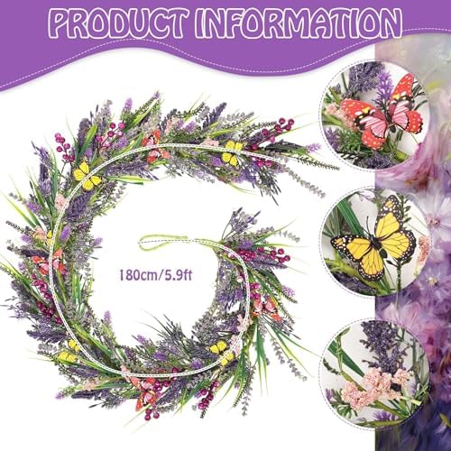 6.5 Ft Artificial Lavender Purple Garland Spring Summer Lavender Wild Flower Butterflies Wreath Swags Vine for Wedding Arch Porch Stair Table Indoor Door Home Mantle Fireplace All Year Decoration - Image 3