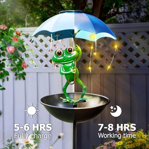 Solar Bird Feeder Frog Garden Decor, Outdoor Solar Lights Frog Figurine Lights with Umbrella, Hummingbird Feeder Decorative Path Lights Gardening Gifts for Women, Yard Art Ornament Bird Feeder - Image 3
