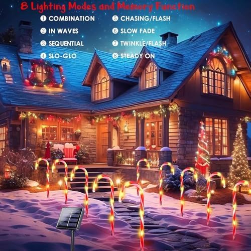20 Pack Solar Christmas Candy Cane Lights, Christmas Decorations Outdoor Waterproof, Solar Powered Pathway Lights with 8 lighting Modes & Memory Function for Outside Party Garden Yard Patio Decoration - Image 7