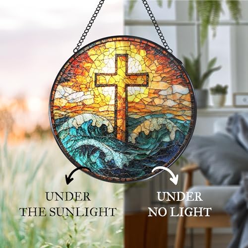 Coastal Beach Cross Stained Glass Window Hanging Suncatcher, Christian Ocean Wave Sun Catcher Indoor Window Decor Gifts, Religious Painted Glass Round Wall Hanging Decorations 7.8x7.8 in - Image 6