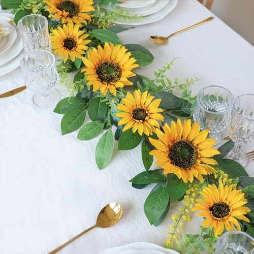 Mizii Artificial Sunflower Garland 6FT Fake Silk Sunflowers Flower Garland Autumn Hanging Vines Decorations for Kitchen Table Centerpieces Room Wall Party Wedding Birthday Fall Decor (Yellow) - Image 3