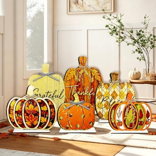 6Pcs Wood Fall Porch Standing Decor Pumpkin Sign with Base 8-15In - Image 5