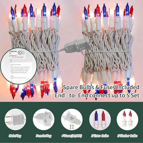 LAMPHOME 100 Count Red White and Blue Mini String Lights with White Wire,Connectable 19.6ft 120V Waterproof 4th of July Patriotic Incandescent Lights, Independence Day Lights for Outdoor Indoor Decor - Image 2