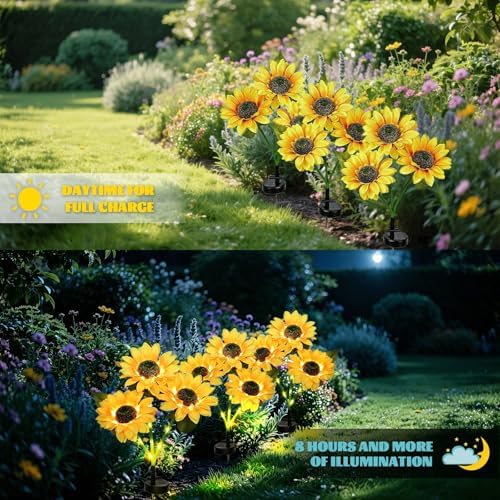 MorTime 3 Pack Solar Sunflower Lights, Outdoor Garden Waterproof Solar Lights with 9 Sunflower Lights for Patio Garden Backyard Holiday Yard Party Wedding Outdoor Spring Decor - Image 3