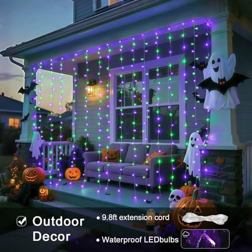 JMEXSUSS 300LED Purple & Green Curtain Lights for Halloween Decor, Plug in - Image 3