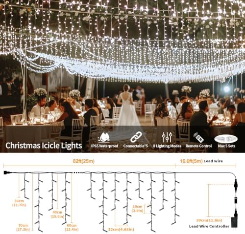 Icicle Lights for Outside, 82ft 880 LED Icicle Christmas Lights Outdoor Waterproof, 176 Drops with Remote, 8 Modes & Dimmable, Timer for Christmas, Wedding, Party, House, Roof Decoration - Image 2
