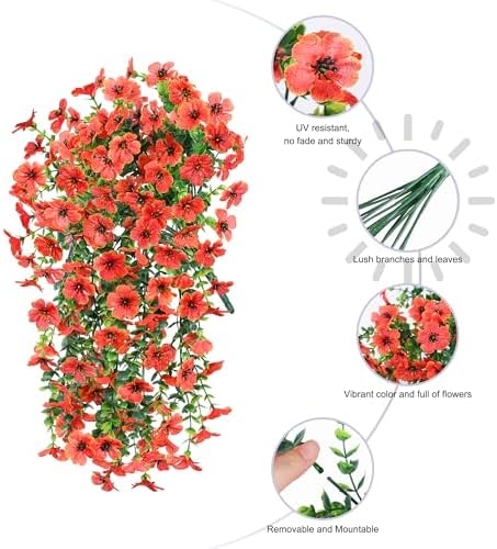 INSPRING Fall Fake Mums Artificial Flowers Hanging Decoration for Outdoors, 2Pcs Orange Daisy with Autumn Eucalyptus Leaves, Realistic Plants Decor, Silk Flower for Porch Patio Balcony Planter Yard - Image 3