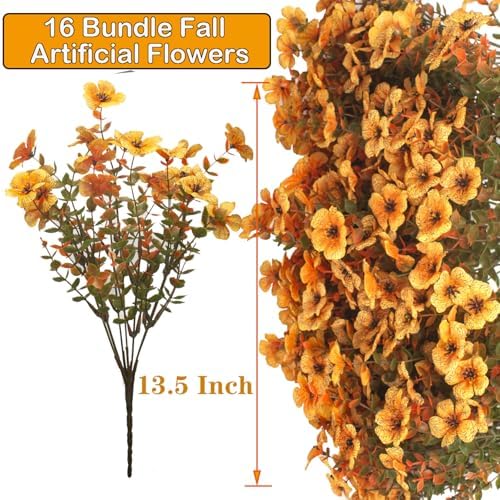 Grunyia 16 Bundles Artificial Fall Flowers UV Resistant Faux Greenery, All Weather Outdoor Autumn Decor for Thanksgiving Christmas Wedding Home Garden Fireplace Party Décor (Fall Orange Yellow) - Image 3