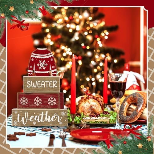 Lineshading 4 Pcs Christmas Table Decoration Wooden Block Signs Sweater - Image 6