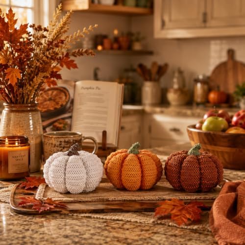 MEETYAMOR Fall Pumpkin Decor, 3 PCS Resin Pumpkins Figurines for Fall Decor, Rustic Knit Textured Pumpkins Fall Decorations for Home, Shelf, Table Centerpieces, Autumn, Thanksgiving Decor - Image 7