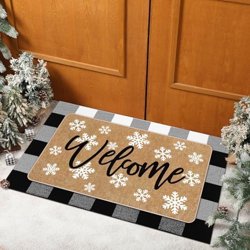 Tinideya 2 Pcs Winter Snowflake Doormats Christmas Layered Welcome Outdoor Door Mats with Buffalo Plaid Front Door Rug Non Slip Floor Mats for Porch Entryway Xmas Holiday Seasonal Decor - Image 5